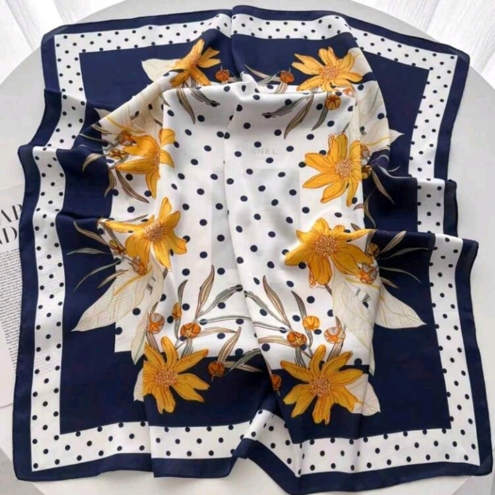 Deep Blue Yellow Floral Polka Dot Spring Summer Satin Scarf